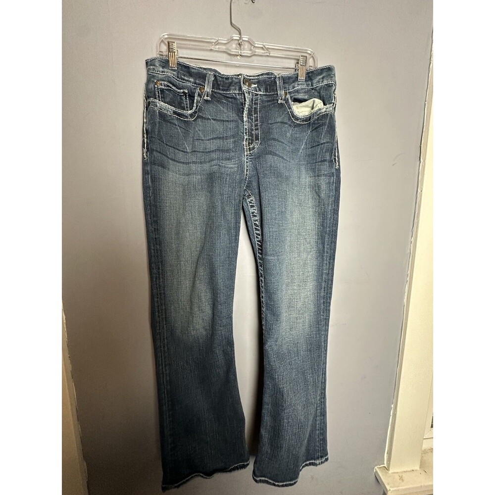 BKE Drew Boot Stretch Jeans Women Size 32x31.5 Embroidered Distressed Dark Blue